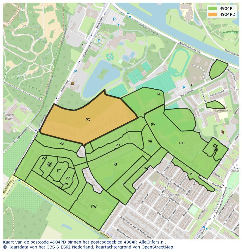 Afbeelding van het postcodegebied 4904 PD op de kaart.