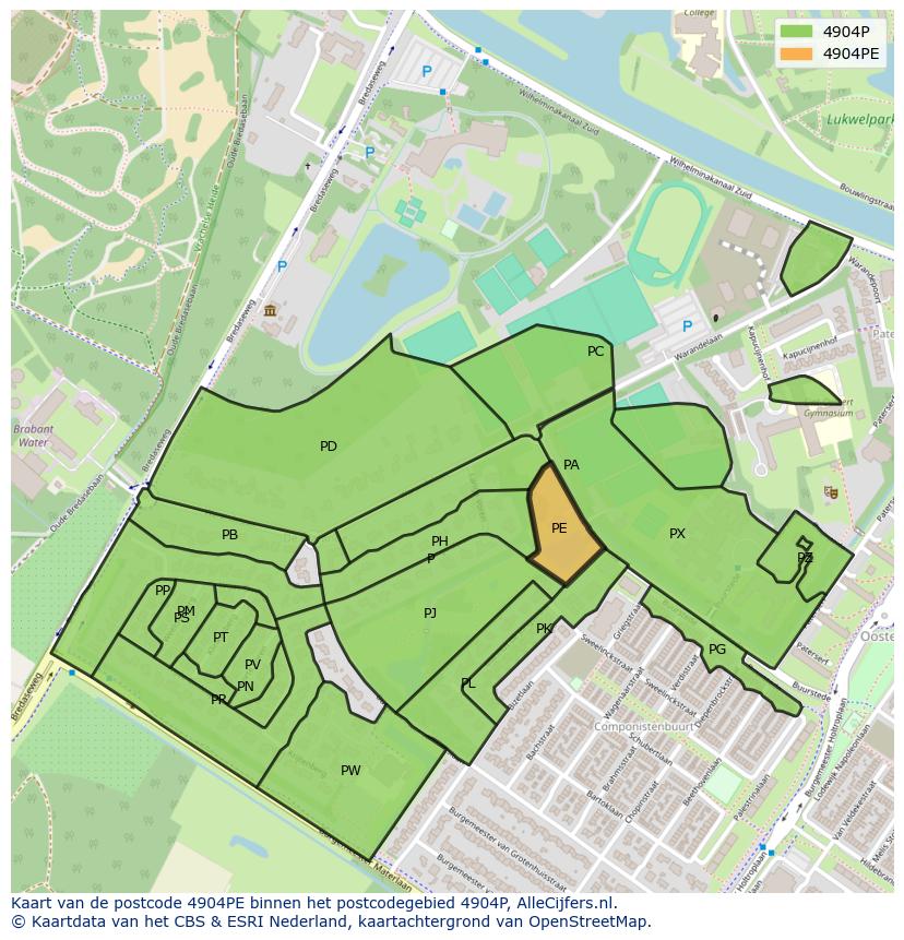 Afbeelding van het postcodegebied 4904 PE op de kaart.