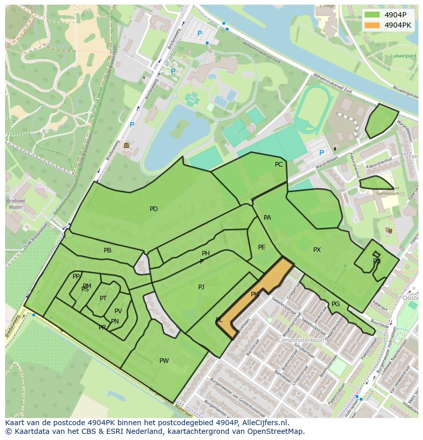 Afbeelding van het postcodegebied 4904 PK op de kaart.