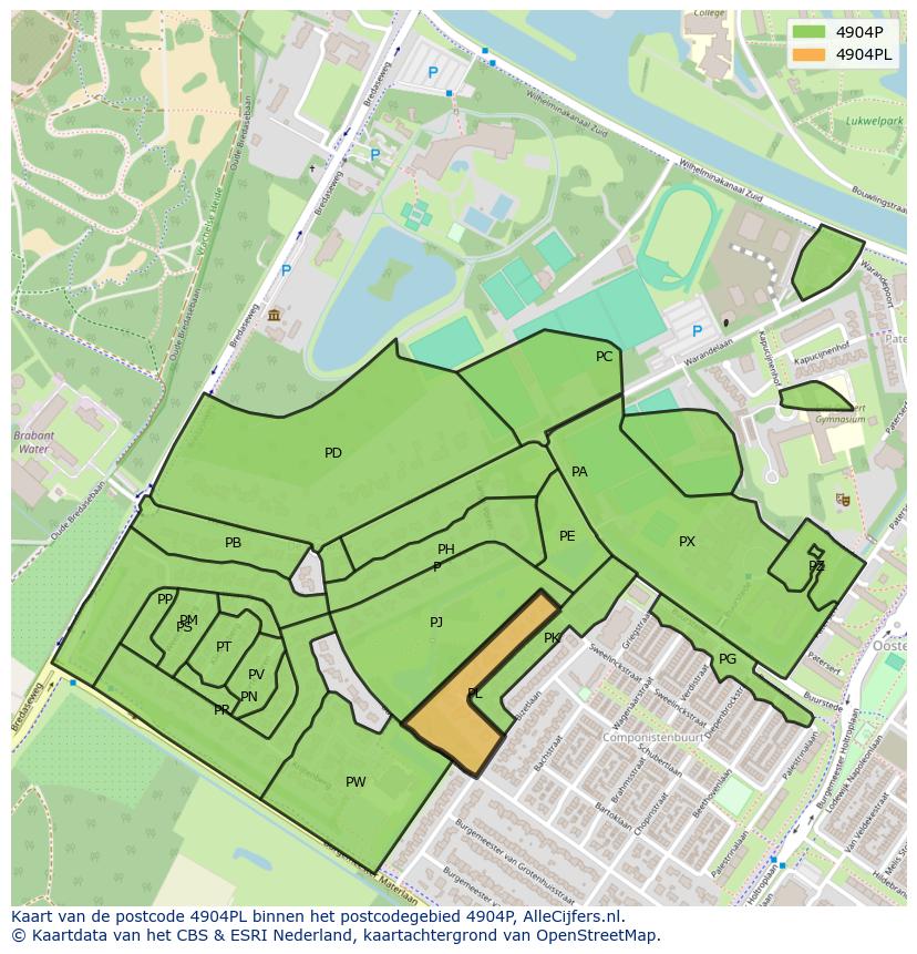 Afbeelding van het postcodegebied 4904 PL op de kaart.