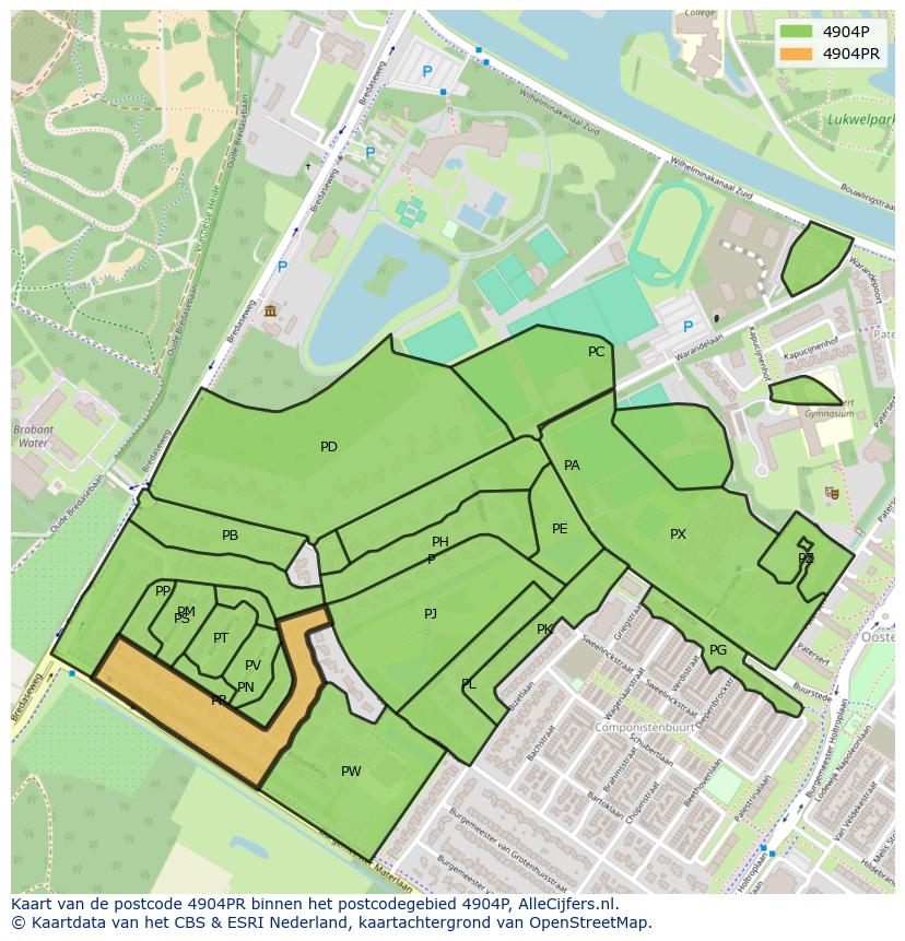 Afbeelding van het postcodegebied 4904 PR op de kaart.