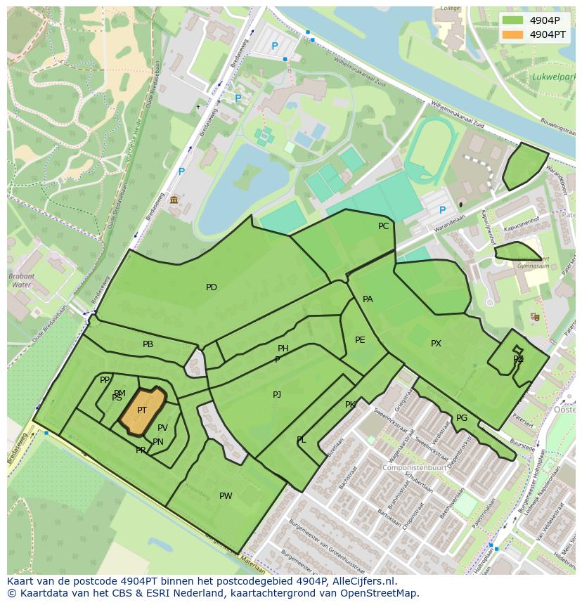 Afbeelding van het postcodegebied 4904 PT op de kaart.