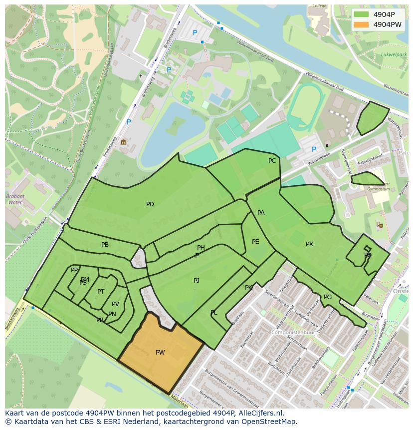 Afbeelding van het postcodegebied 4904 PW op de kaart.