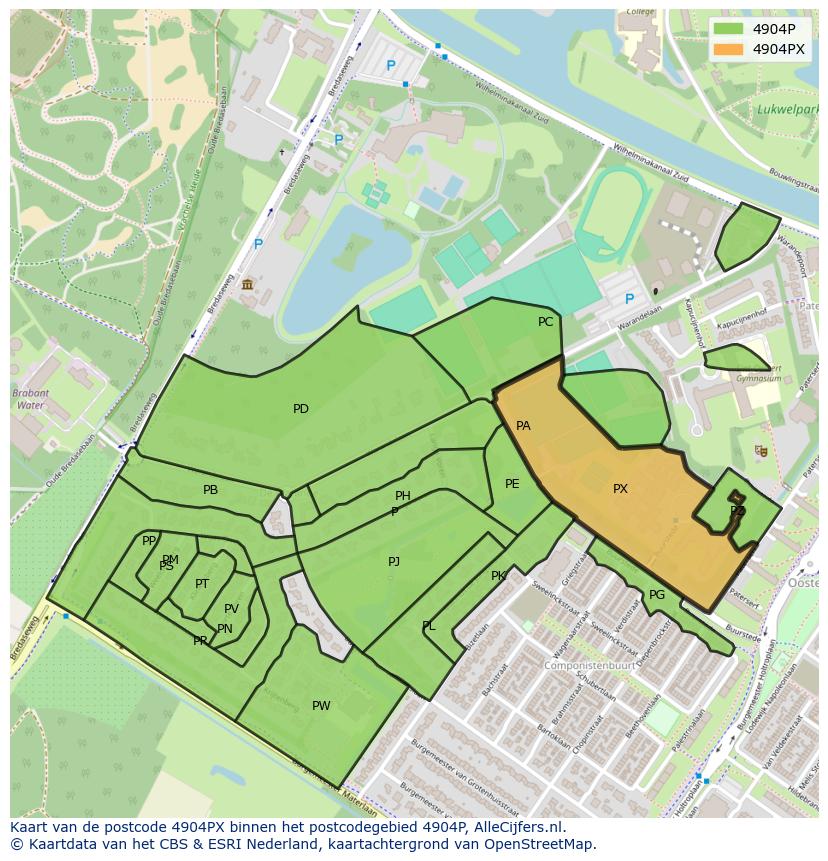 Afbeelding van het postcodegebied 4904 PX op de kaart.