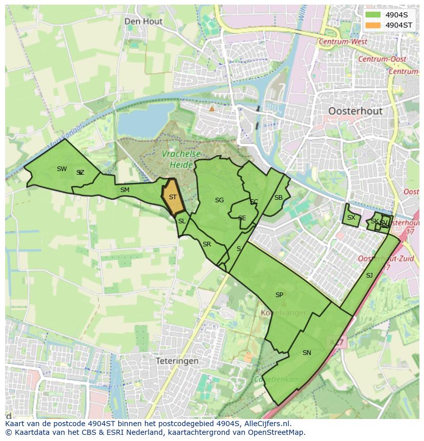 Afbeelding van het postcodegebied 4904 ST op de kaart.