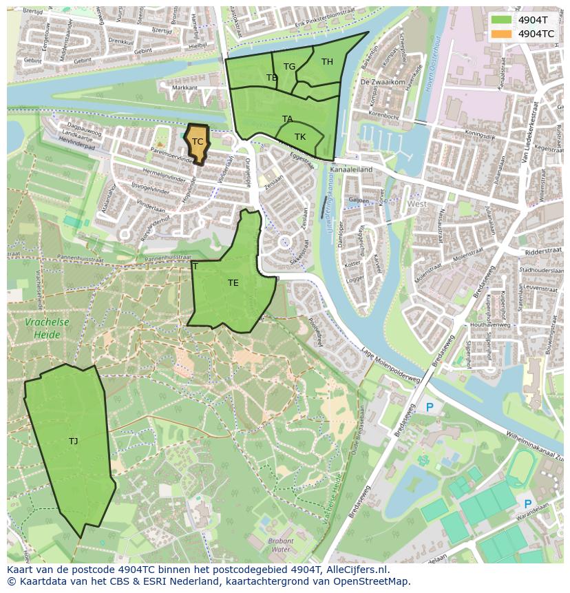 Afbeelding van het postcodegebied 4904 TC op de kaart.