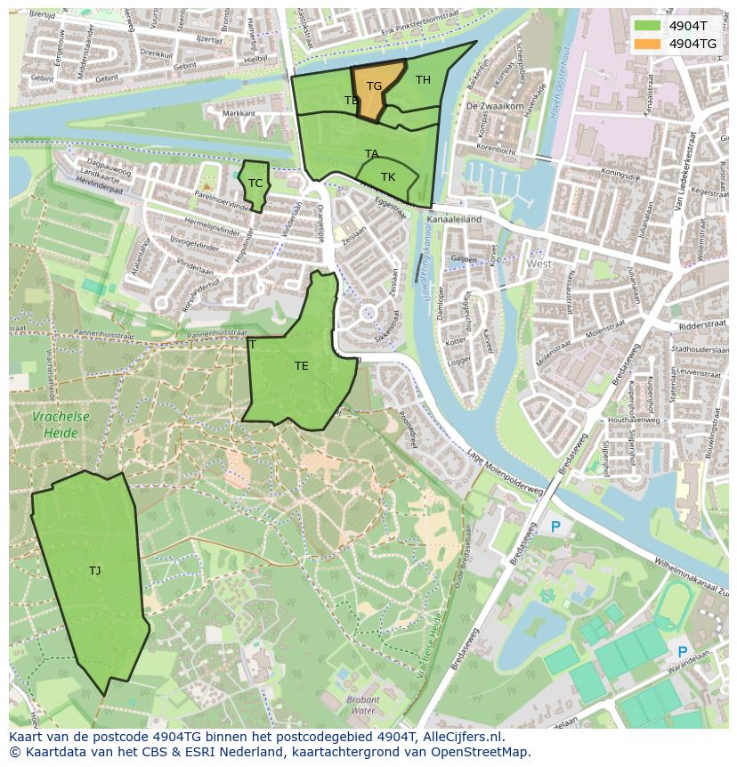 Afbeelding van het postcodegebied 4904 TG op de kaart.