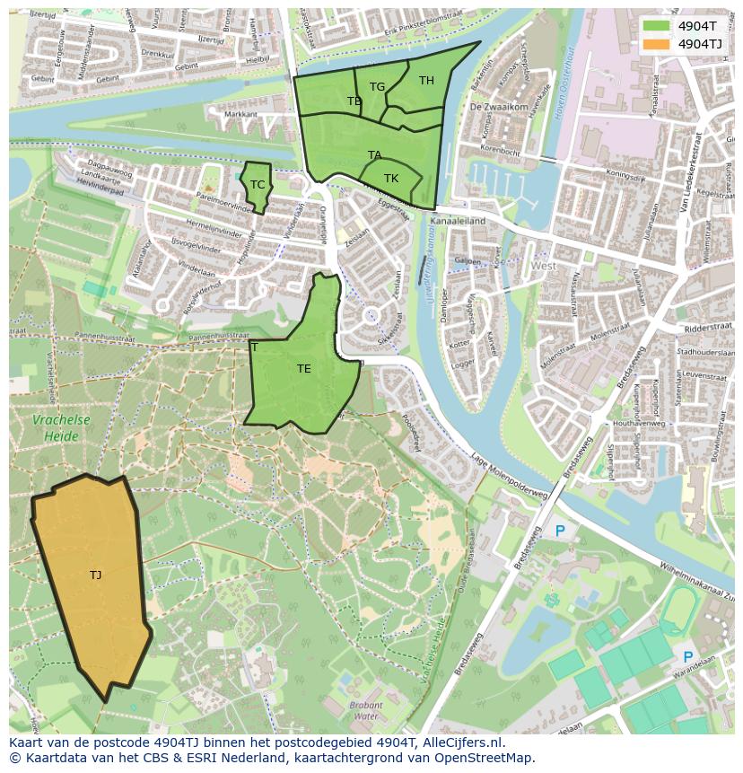 Afbeelding van het postcodegebied 4904 TJ op de kaart.