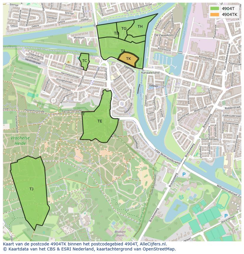 Afbeelding van het postcodegebied 4904 TK op de kaart.