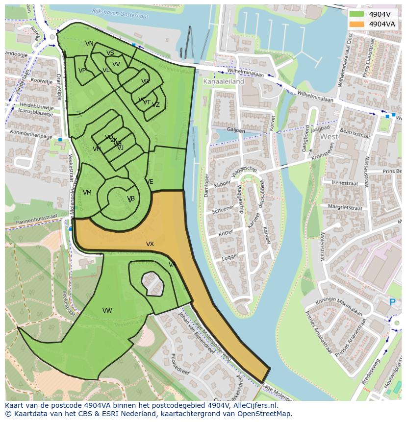 Afbeelding van het postcodegebied 4904 VA op de kaart.