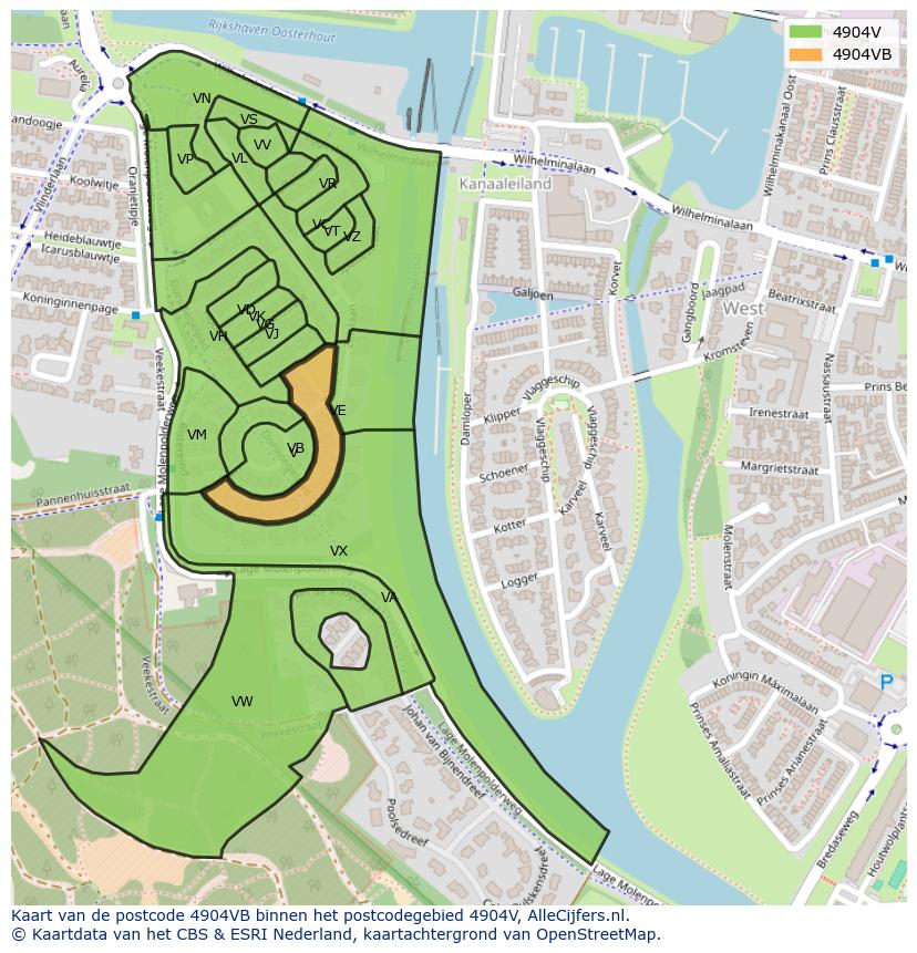 Afbeelding van het postcodegebied 4904 VB op de kaart.