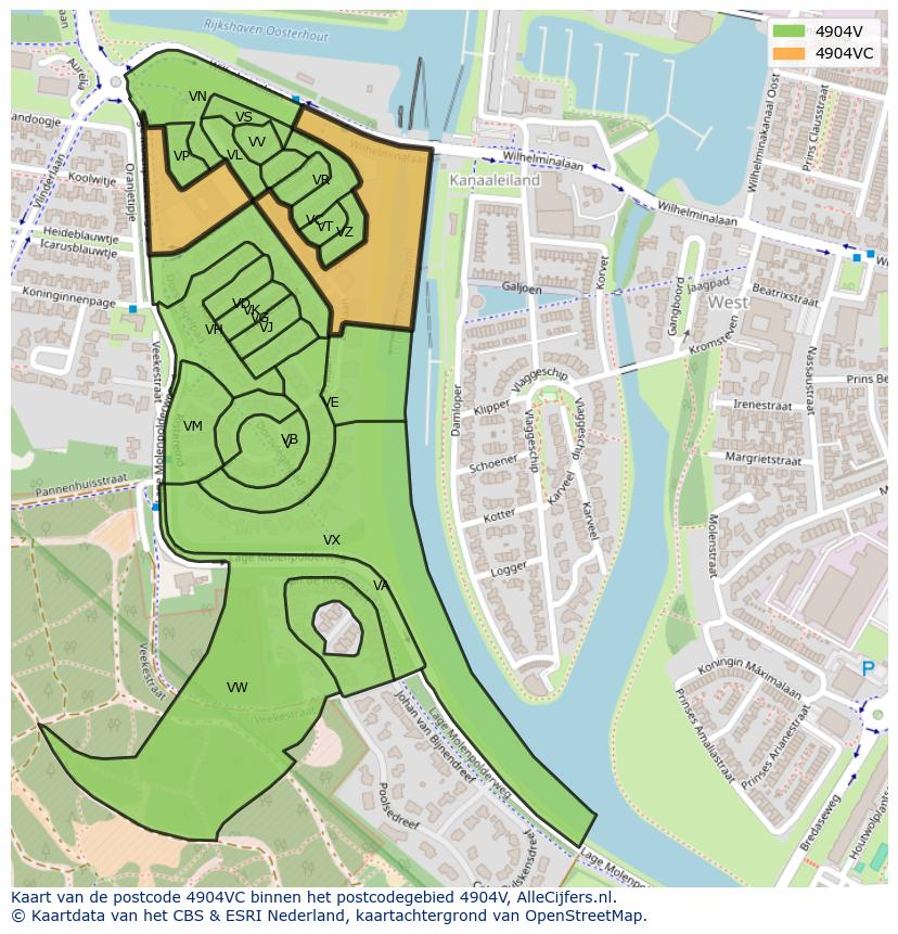 Afbeelding van het postcodegebied 4904 VC op de kaart.