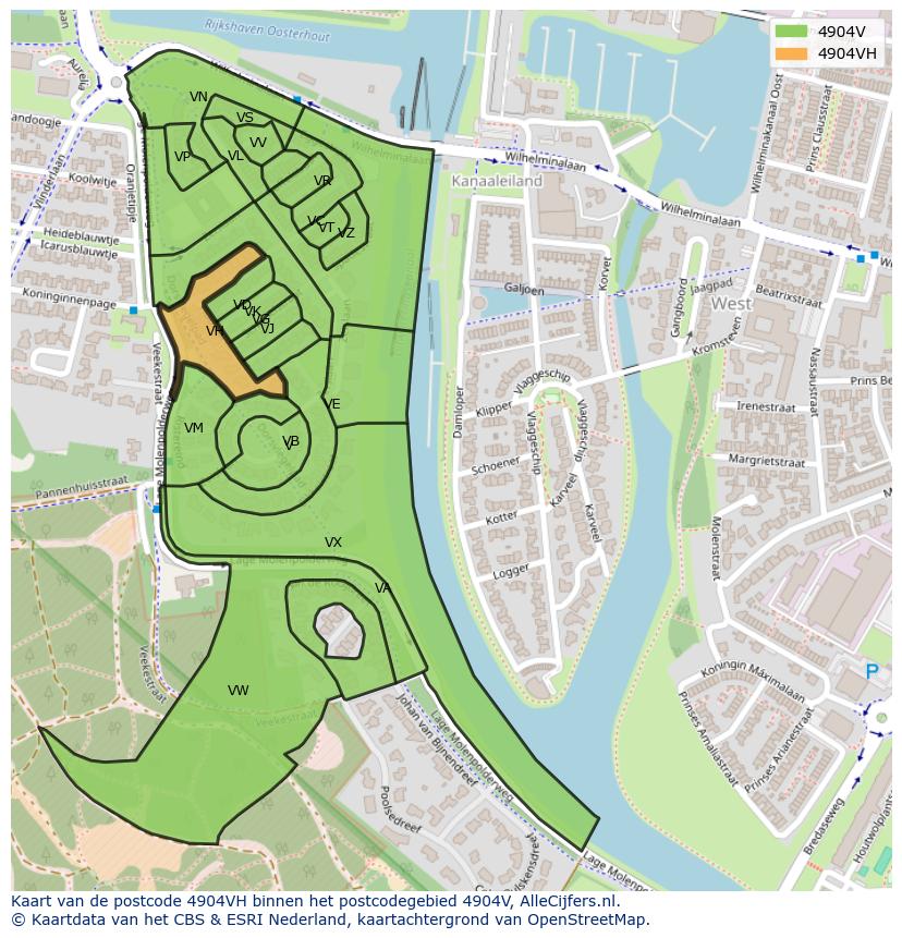Afbeelding van het postcodegebied 4904 VH op de kaart.