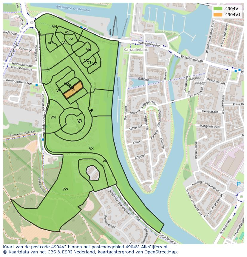 Afbeelding van het postcodegebied 4904 VJ op de kaart.