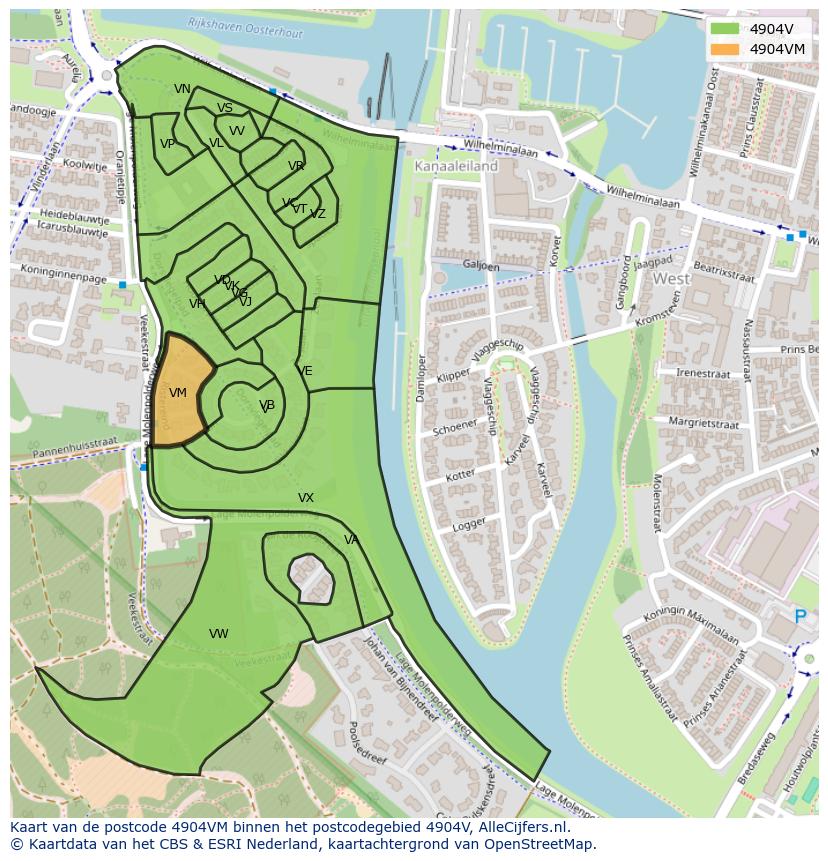 Afbeelding van het postcodegebied 4904 VM op de kaart.