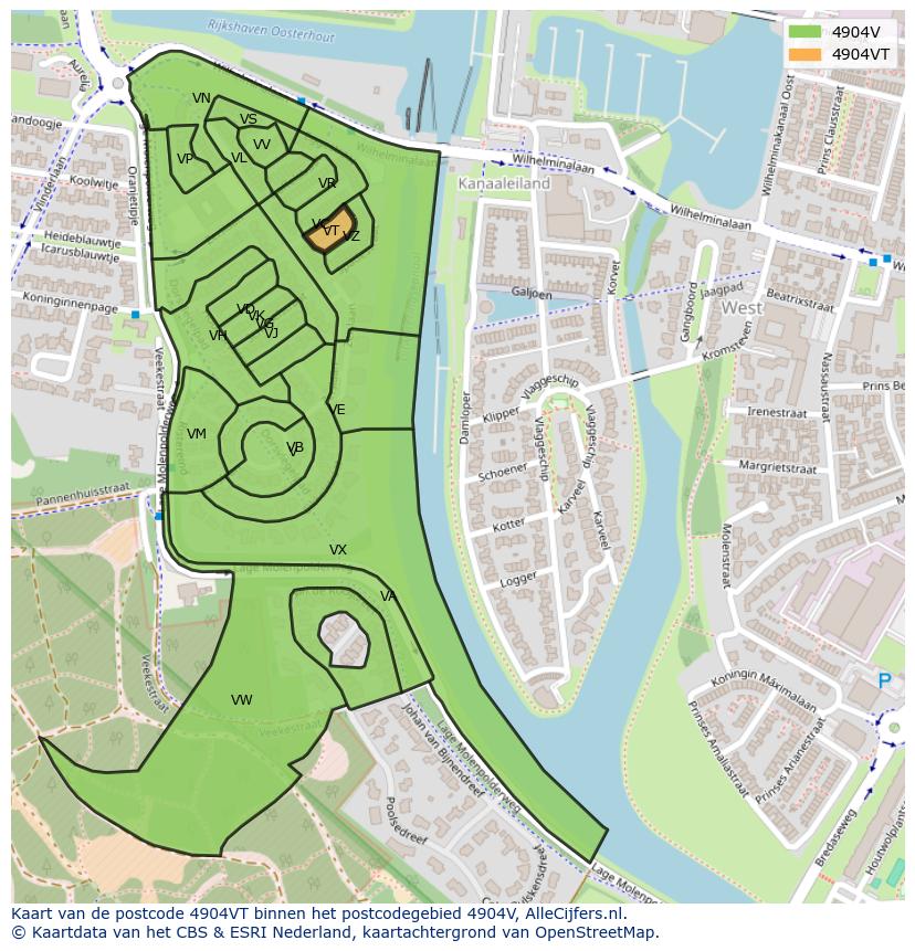 Afbeelding van het postcodegebied 4904 VT op de kaart.