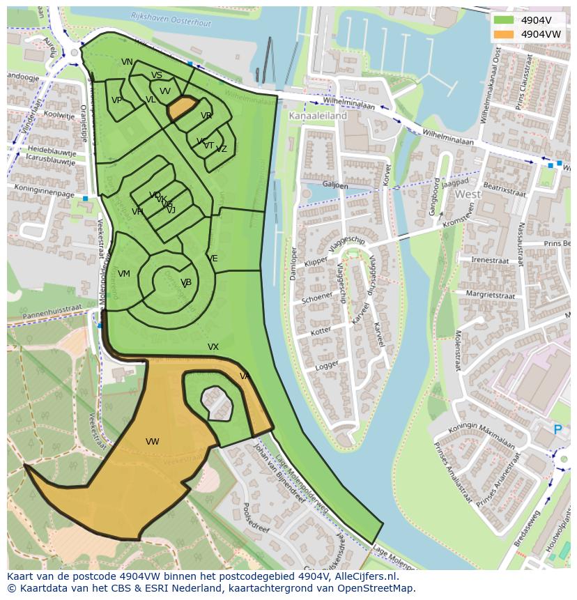 Afbeelding van het postcodegebied 4904 VW op de kaart.
