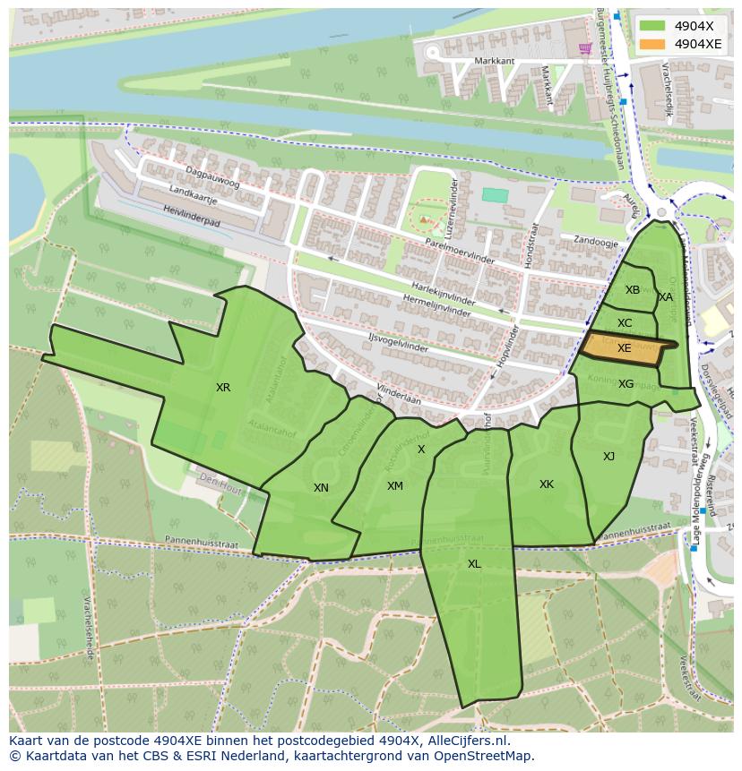 Afbeelding van het postcodegebied 4904 XE op de kaart.