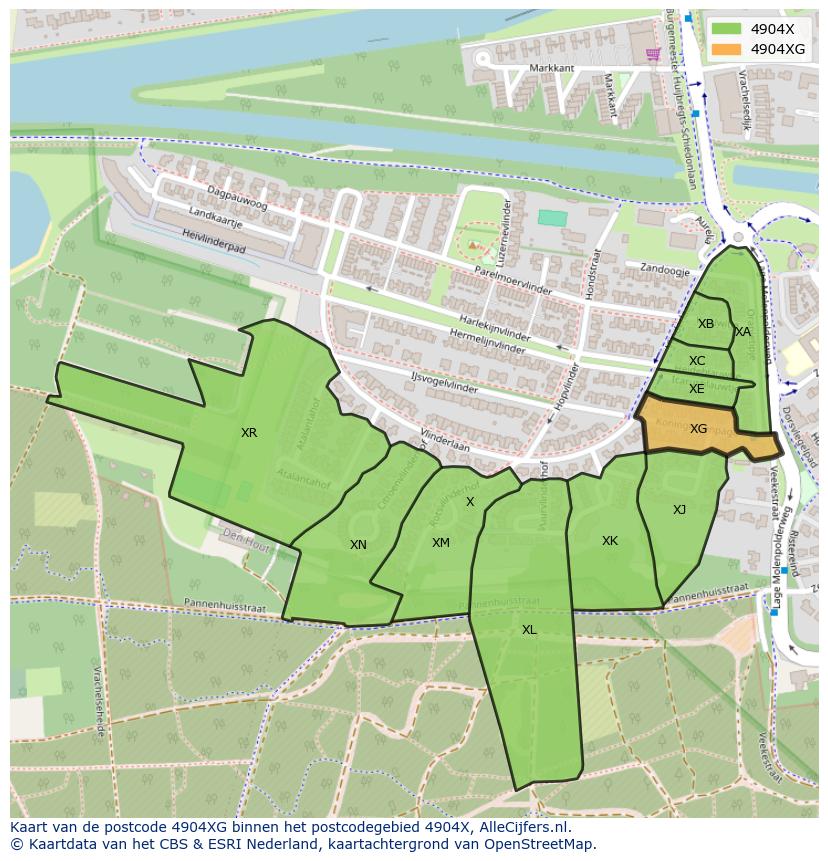 Afbeelding van het postcodegebied 4904 XG op de kaart.