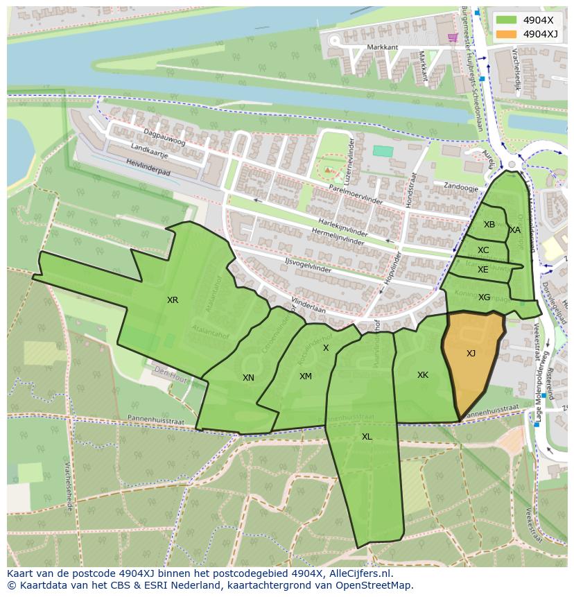 Afbeelding van het postcodegebied 4904 XJ op de kaart.