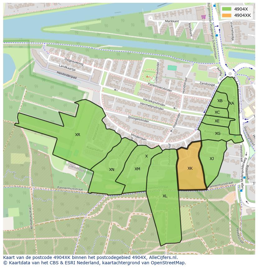 Afbeelding van het postcodegebied 4904 XK op de kaart.