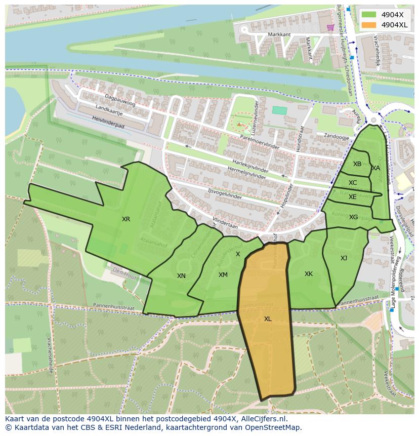Afbeelding van het postcodegebied 4904 XL op de kaart.