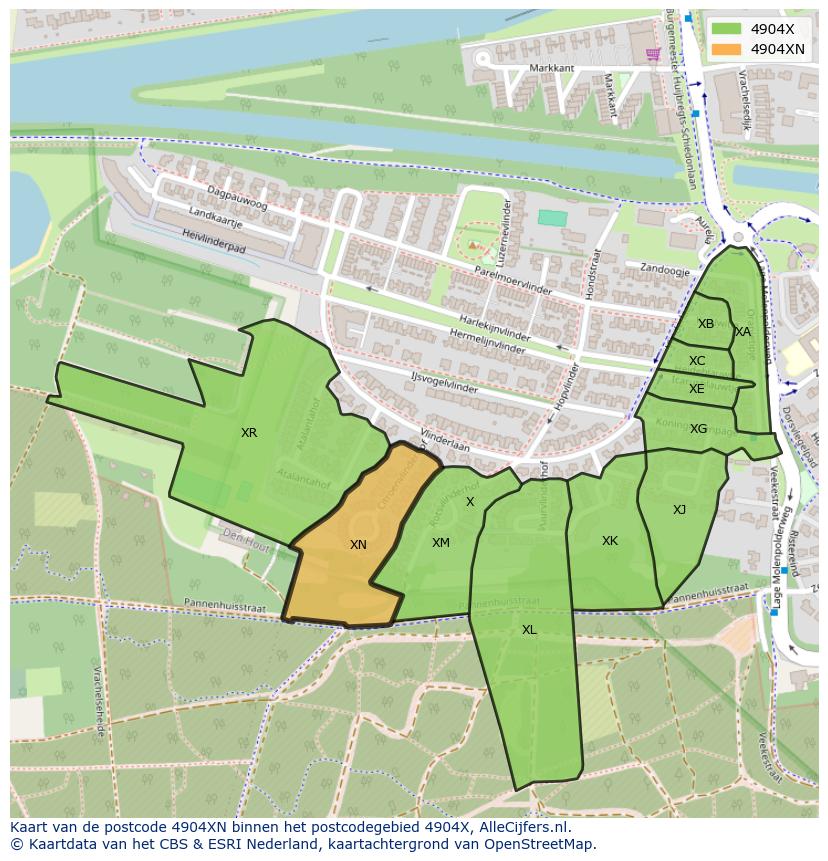 Afbeelding van het postcodegebied 4904 XN op de kaart.