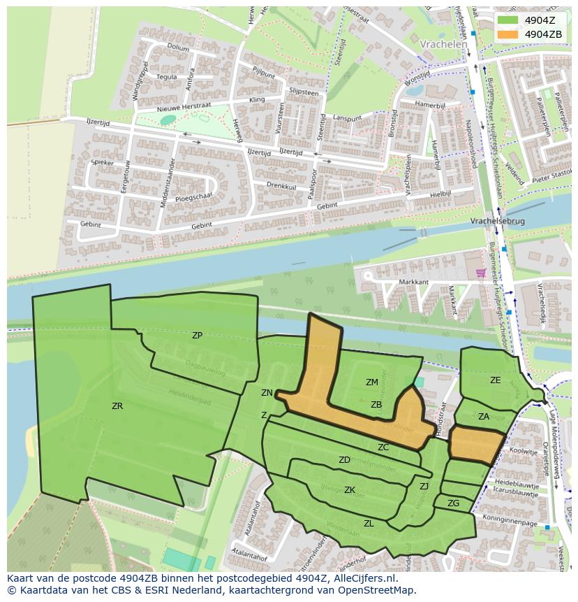 Afbeelding van het postcodegebied 4904 ZB op de kaart.
