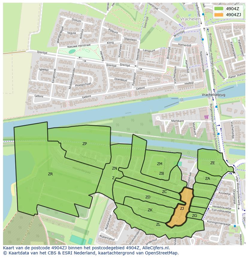 Afbeelding van het postcodegebied 4904 ZJ op de kaart.