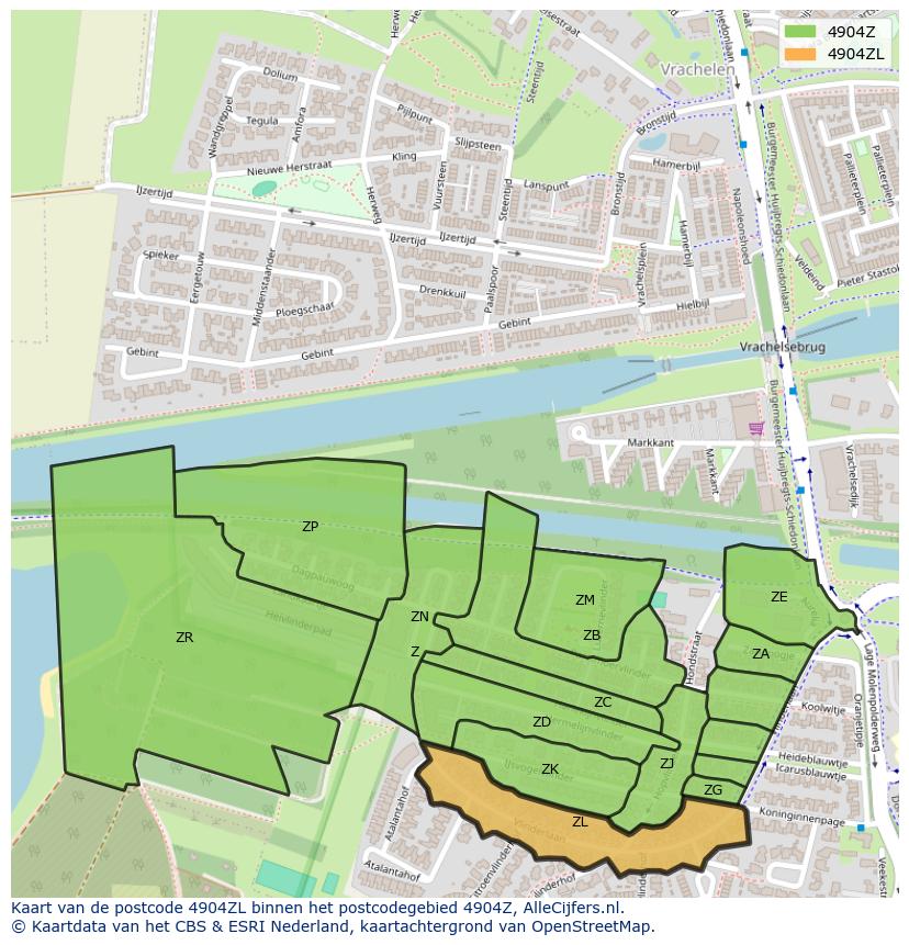 Afbeelding van het postcodegebied 4904 ZL op de kaart.