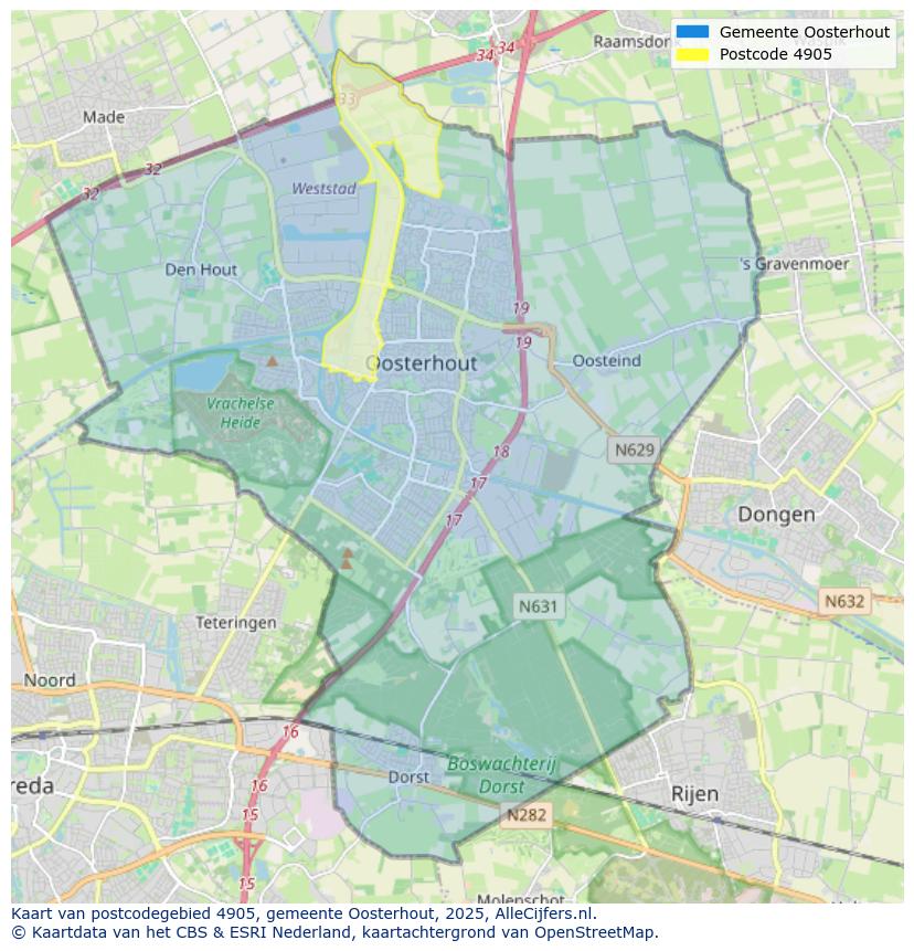 Afbeelding van het postcodegebied 4905 op de kaart.