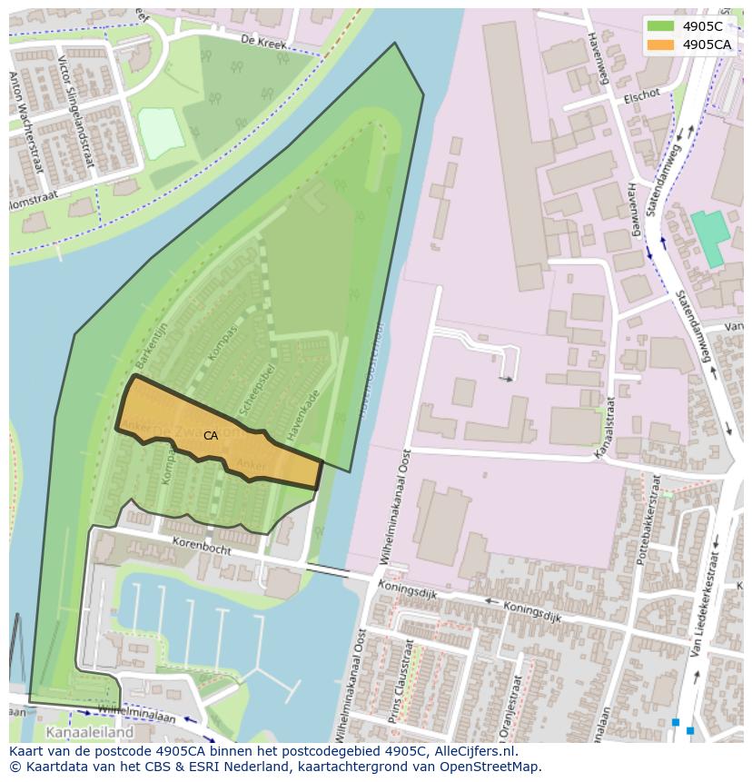 Afbeelding van het postcodegebied 4905 CA op de kaart.