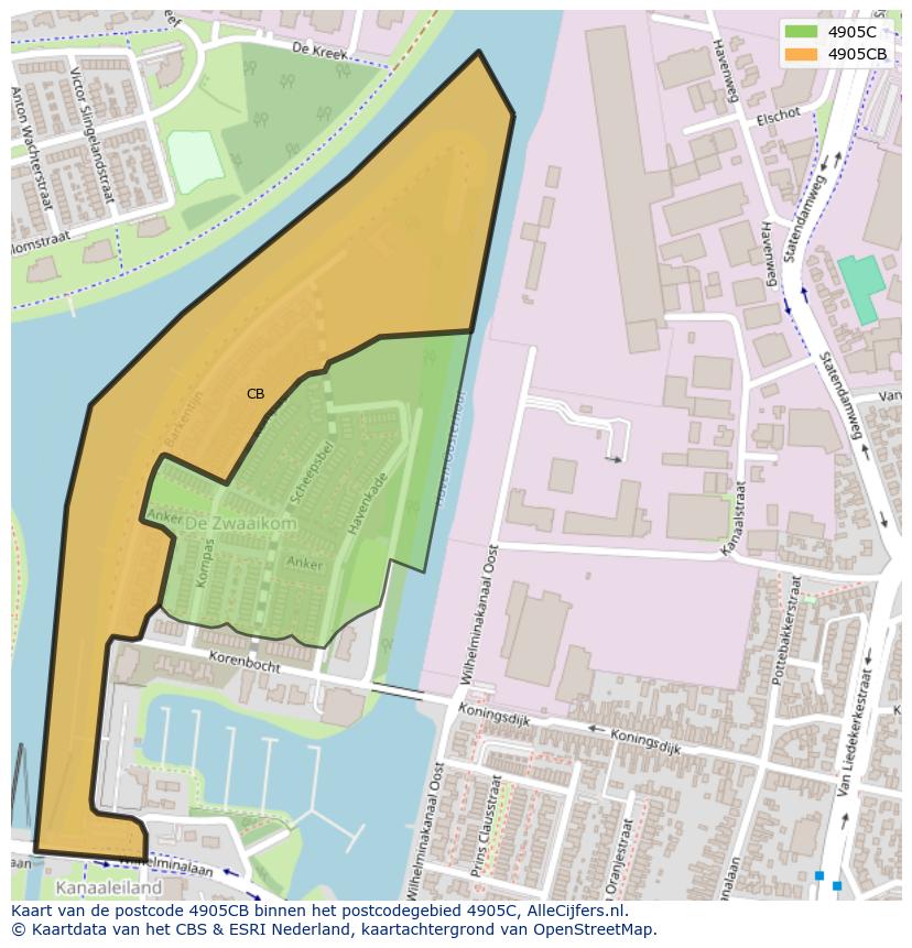 Afbeelding van het postcodegebied 4905 CB op de kaart.