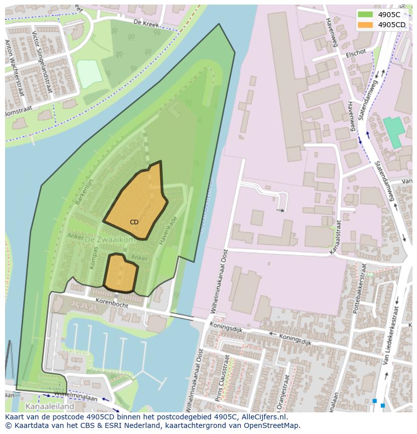 Afbeelding van het postcodegebied 4905 CD op de kaart.
