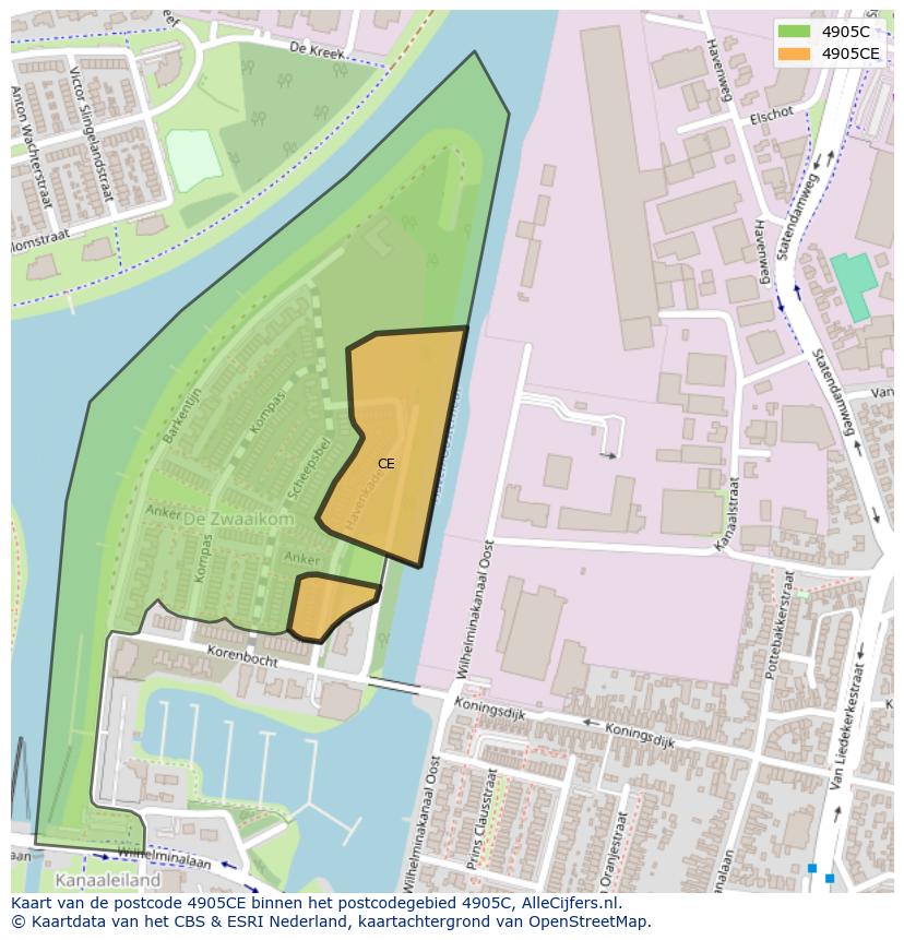 Afbeelding van het postcodegebied 4905 CE op de kaart.