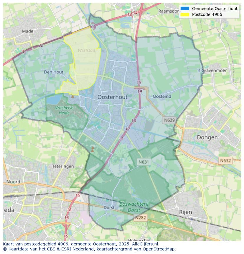 Afbeelding van het postcodegebied 4906 op de kaart.