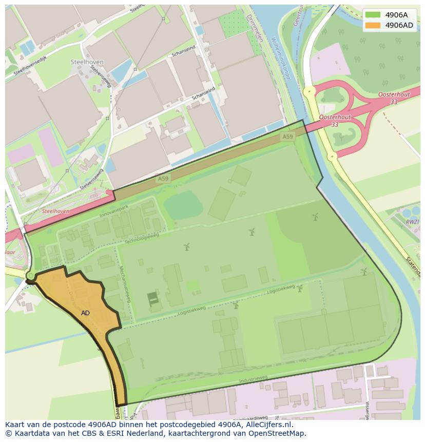 Afbeelding van het postcodegebied 4906 AD op de kaart.