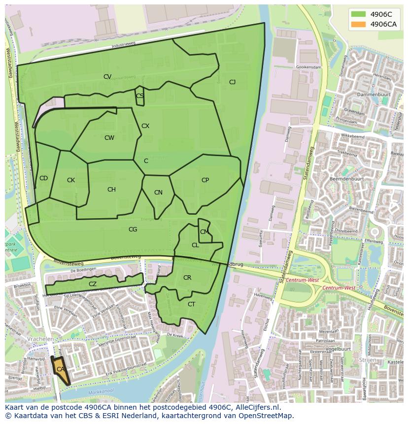 Afbeelding van het postcodegebied 4906 CA op de kaart.