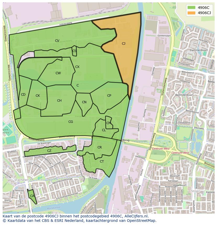 Afbeelding van het postcodegebied 4906 CJ op de kaart.