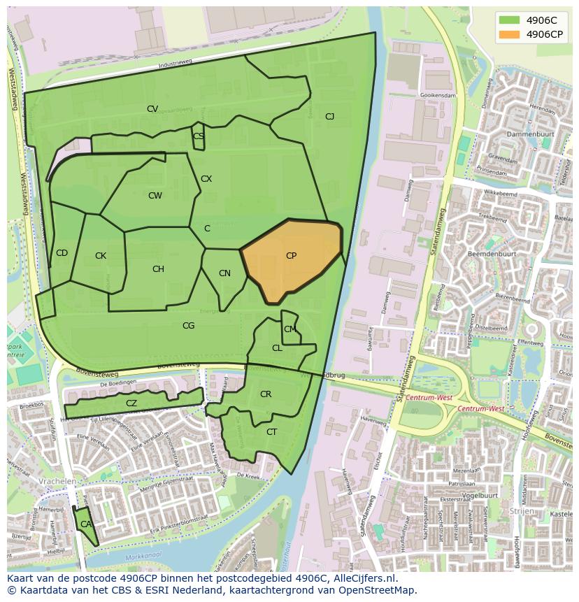 Afbeelding van het postcodegebied 4906 CP op de kaart.