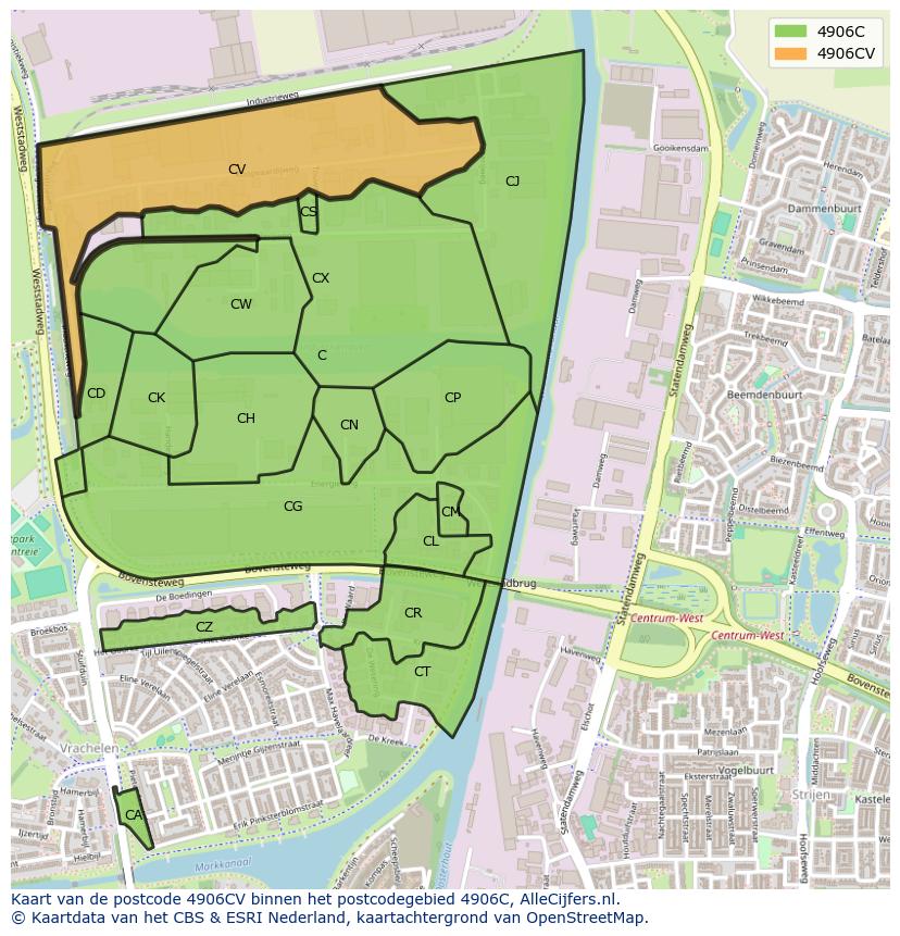 Afbeelding van het postcodegebied 4906 CV op de kaart.