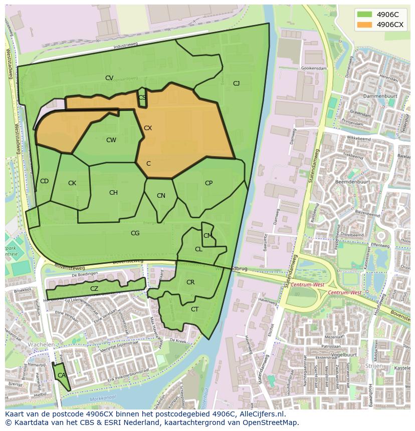 Afbeelding van het postcodegebied 4906 CX op de kaart.