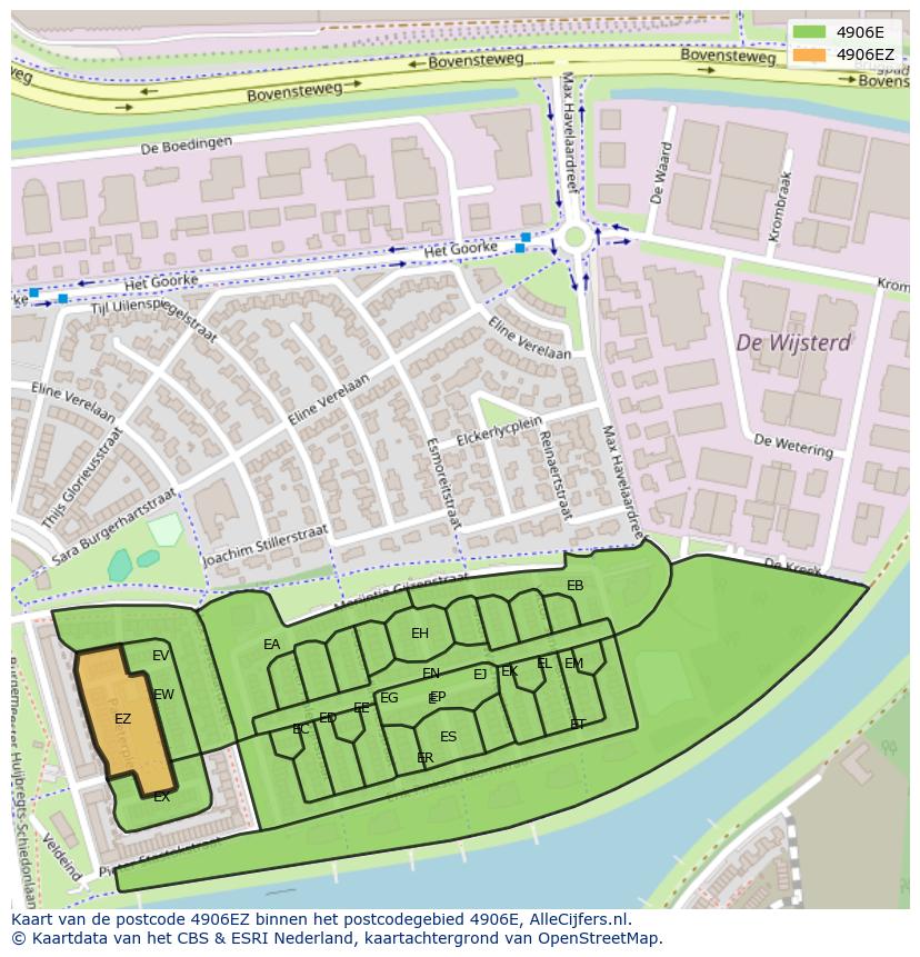 Afbeelding van het postcodegebied 4906 EZ op de kaart.