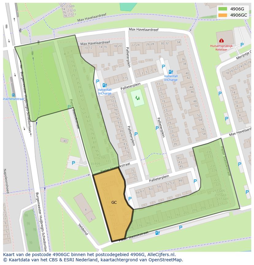 Afbeelding van het postcodegebied 4906 GC op de kaart.