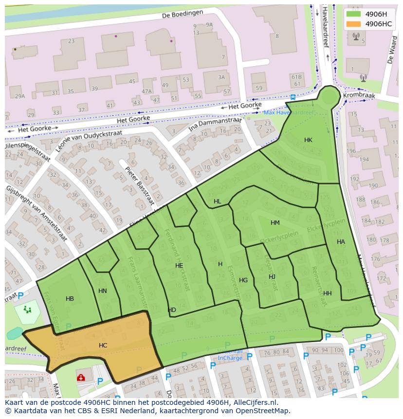 Afbeelding van het postcodegebied 4906 HC op de kaart.