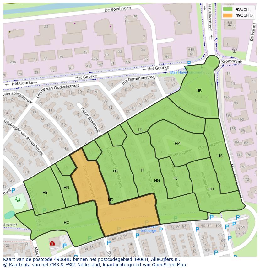 Afbeelding van het postcodegebied 4906 HD op de kaart.