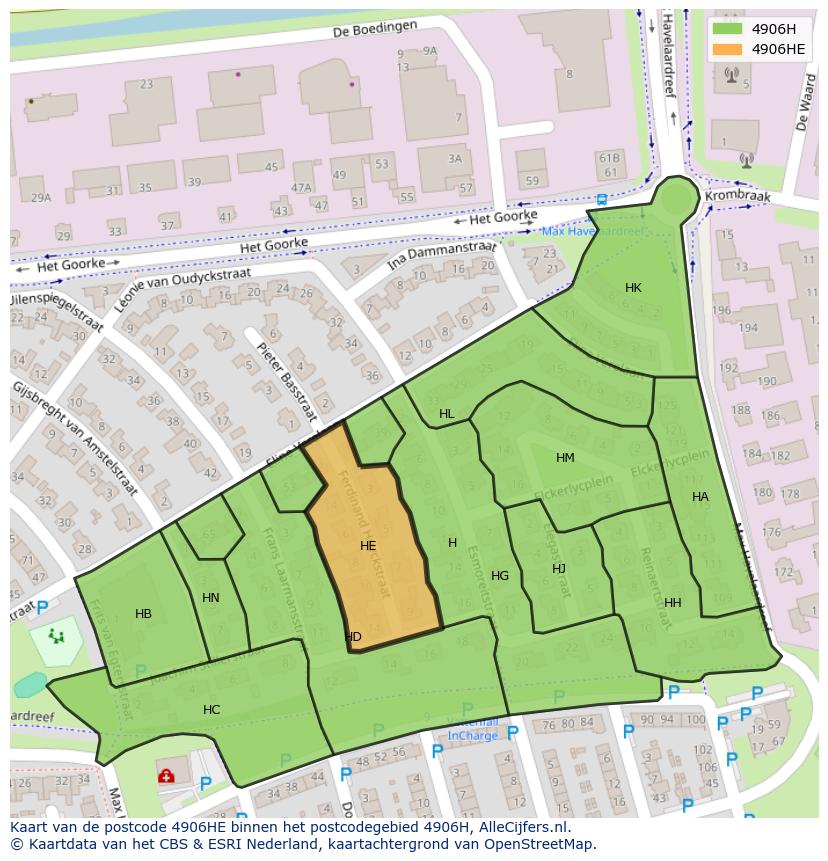 Afbeelding van het postcodegebied 4906 HE op de kaart.