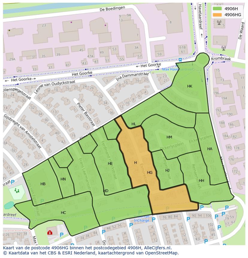 Afbeelding van het postcodegebied 4906 HG op de kaart.