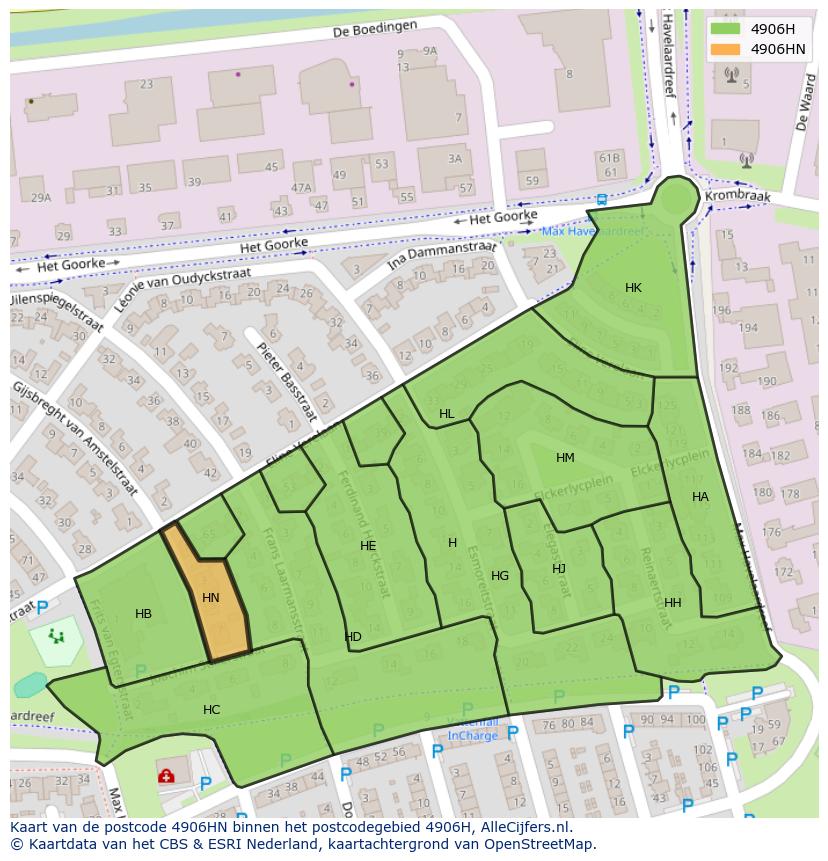 Afbeelding van het postcodegebied 4906 HN op de kaart.