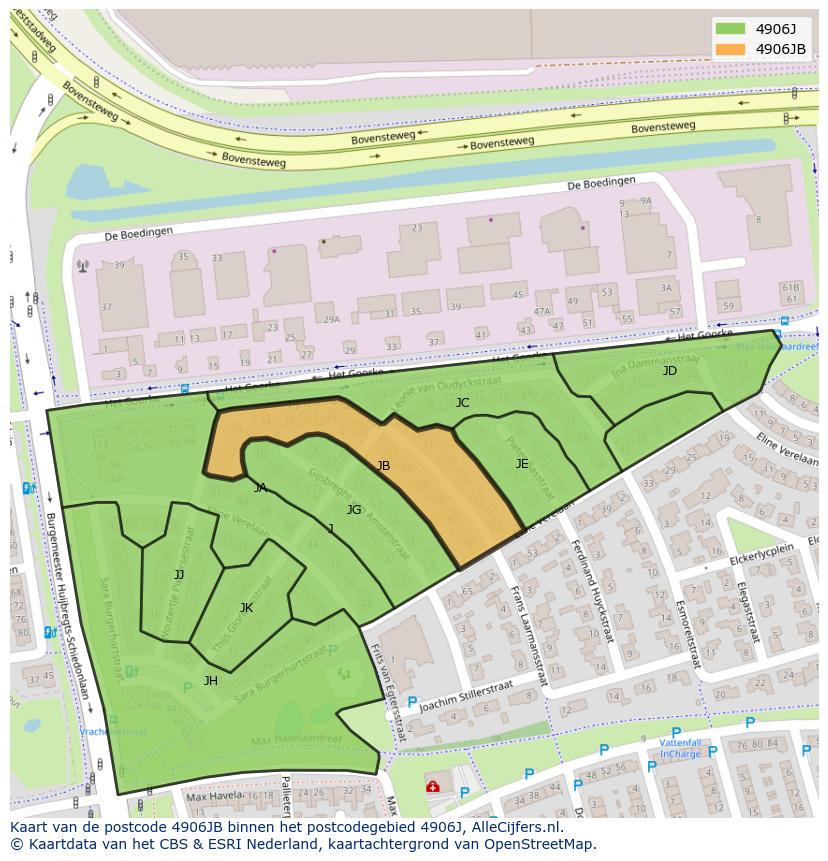 Afbeelding van het postcodegebied 4906 JB op de kaart.